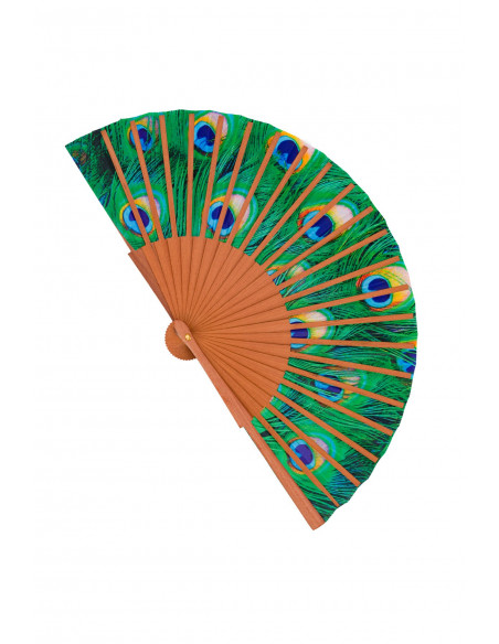 Abanico de madera y seda cola Pavo Real