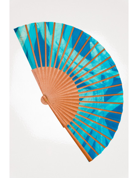 Large handheld fan of wood and natural silk. Summer sea
