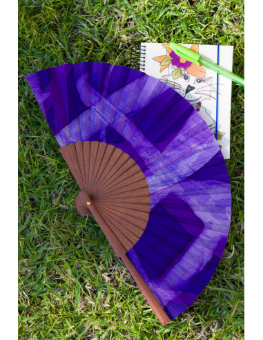 Abanico pequeño morado ecológico de madera y Seda natural