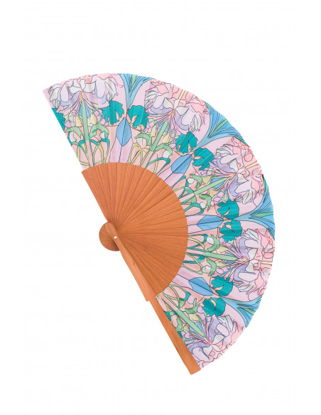 Ventall de fusta i seda estil Art Nouveau – Colors pastís i artesania espanyola – perfecte per a la calor – mitjana 23cm