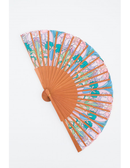 Handcrafted Medium Wooden and Silk Fan in Pastel Colors – Made in Spain, Art Nouveau Style. 9” in length