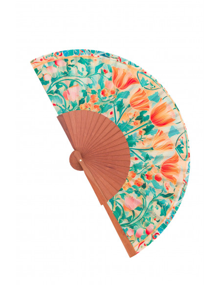 Spanish Wooden and Silk Fan in Soft Pastel Tones – Art Nouveau Design for Summer - Medium, 9” in length