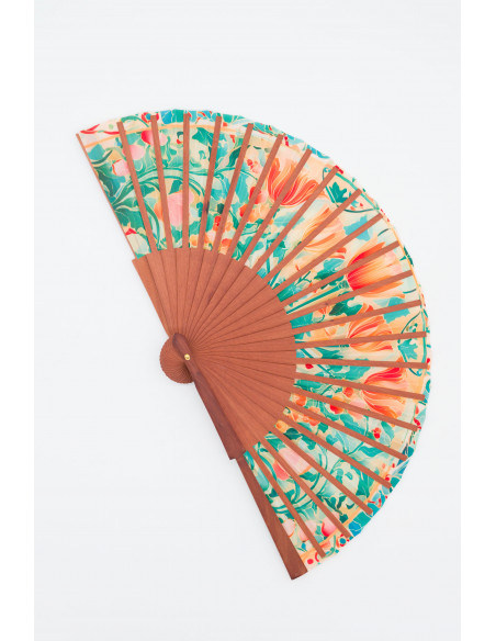 Spanish Wooden and Silk Fan in Soft Pastel Tones – Art Nouveau Design for Summer - Medium, 9” in length