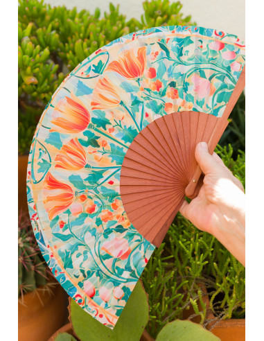 Spanish Wooden and Silk Fan in Soft Pastel Tones – Art Nouveau Design for Summer - Medium, 9” in length