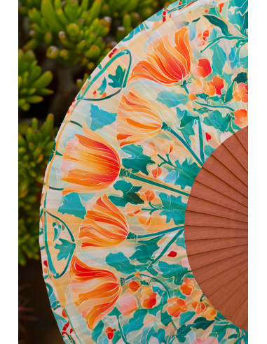 Spanish Wooden and Silk Fan in Soft Pastel Tones – Art Nouveau Design for Summer - Medium, 9” in length