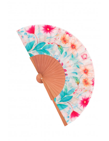 Spanish Wooden and Silk Fan in Soft Pastel Tones – Art Nouveau Design for Summer - Medium, 9” in length