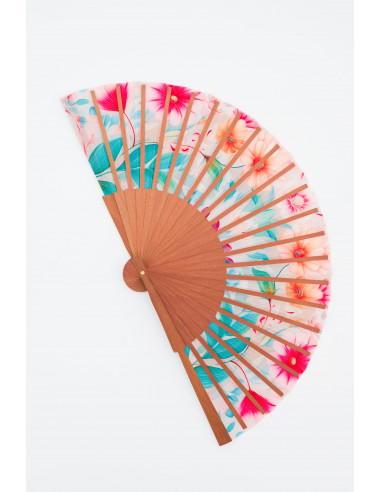 Spanish Wooden and Silk Fan in Soft Pastel Tones – Art Nouveau Design for Summer - Medium, 9” in length