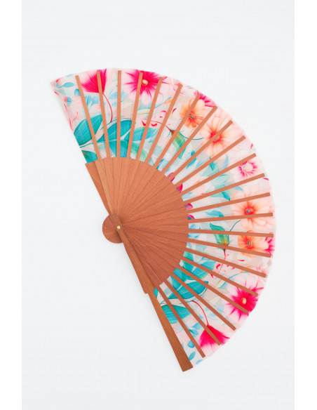 Spanish Wooden and Silk Fan in Soft Pastel Tones – Art Nouveau Design for Summer - Medium, 9” in length