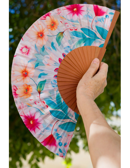 Spanish Wooden and Silk Fan in Soft Pastel Tones – Art Nouveau Design for Summer - Medium, 9” in length