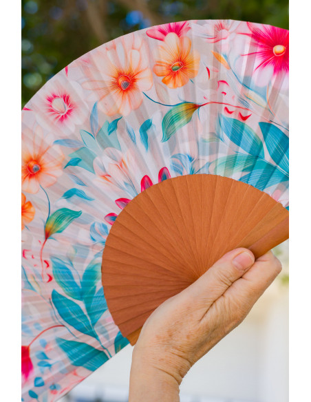 Spanish Wooden and Silk Fan in Soft Pastel Tones – Art Nouveau Design for Summer - Medium, 9” in length