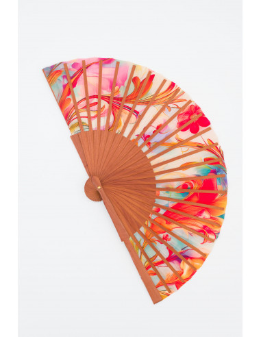 Ventall espanyol de fusta i seda en colors pastís - Disseny Art Nouveau ideal per a l'estiu. Mitjà 23 cm