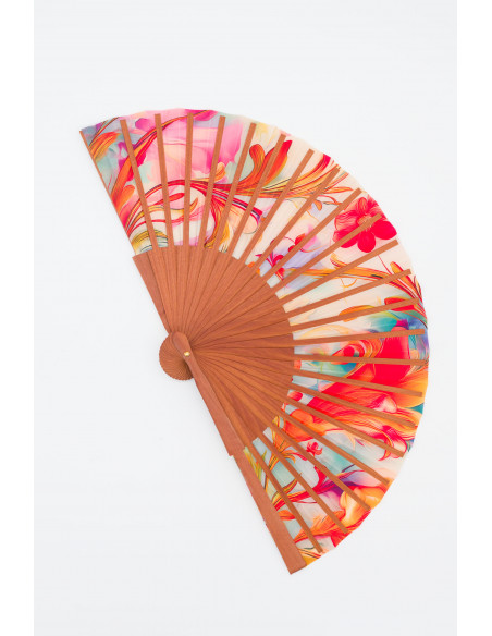 Ventall espanyol de fusta i seda en colors pastís - Disseny Art Nouveau ideal per a l'estiu. Mitjà 23 cm