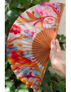 Spanish fan in pastel colors, made of wood and silk – Art Nouveau design, ideal for summer. Medium, 9” in length