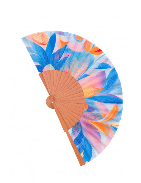 Handcrafted Medium Wooden and Silk Fan in Pastel Colors – Made in Spain, Art Nouveau Style. 9” in length