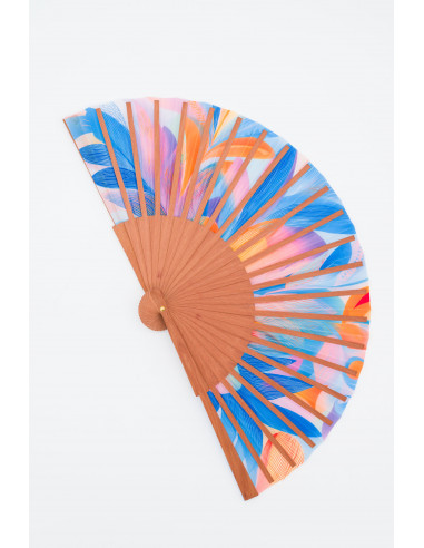 Handcrafted Medium Wooden and Silk Fan in Pastel Colors – Made in Spain, Art Nouveau Style. 9” in length