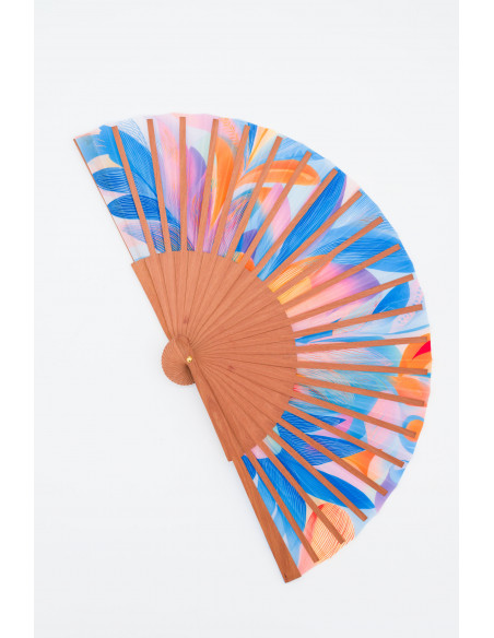 Handcrafted Medium Wooden and Silk Fan in Pastel Colors – Made in Spain, Art Nouveau Style. 9” in length