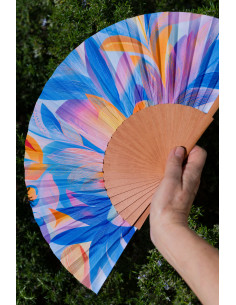 Handcrafted Medium Wooden and Silk Fan in Pastel Colors – Made in Spain, Art Nouveau Style. 9” in length