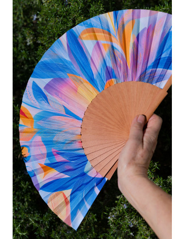 Handcrafted Medium Wooden and Silk Fan in Pastel Colors – Made in Spain, Art Nouveau Style. 9” in length