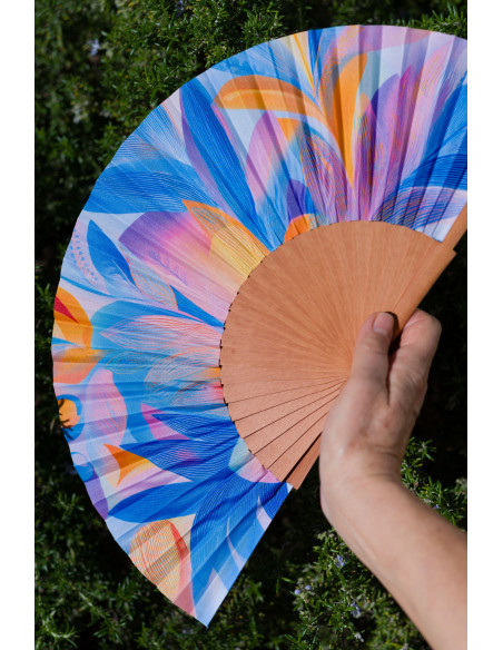 Handcrafted Medium Wooden and Silk Fan in Pastel Colors – Made in Spain, Art Nouveau Style. 9” in length