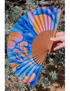 Handcrafted Medium Wooden and Silk Fan in Pastel Colors – Made in Spain, Art Nouveau Style. 9” in length