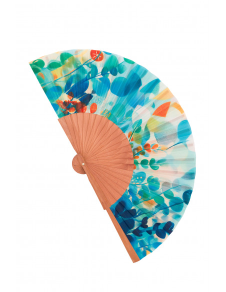 Ventall espanyol de fusta i seda en colors pastís - Disseny Art Nouveau ideal per a l'estiu. Mitjà 23 cm