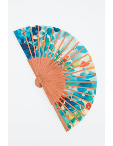 Ventall espanyol de fusta i seda en colors pastís - Disseny Art Nouveau ideal per a l'estiu. Mitjà 23 cm