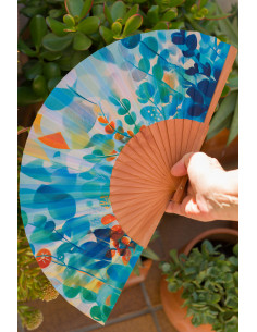 Ventall espanyol de fusta i seda en colors pastís - Disseny Art Nouveau ideal per a l'estiu. Mitjà 23 cm
