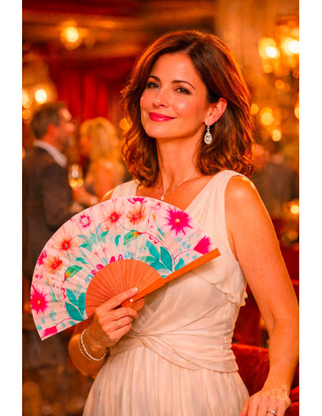Spanish Wooden and Silk Fan in Soft Pastel Tones – Art Nouveau Design for Summer - Medium, 9” in length