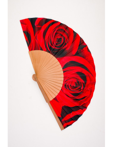 Red roses wood and fabric Fan, medium...